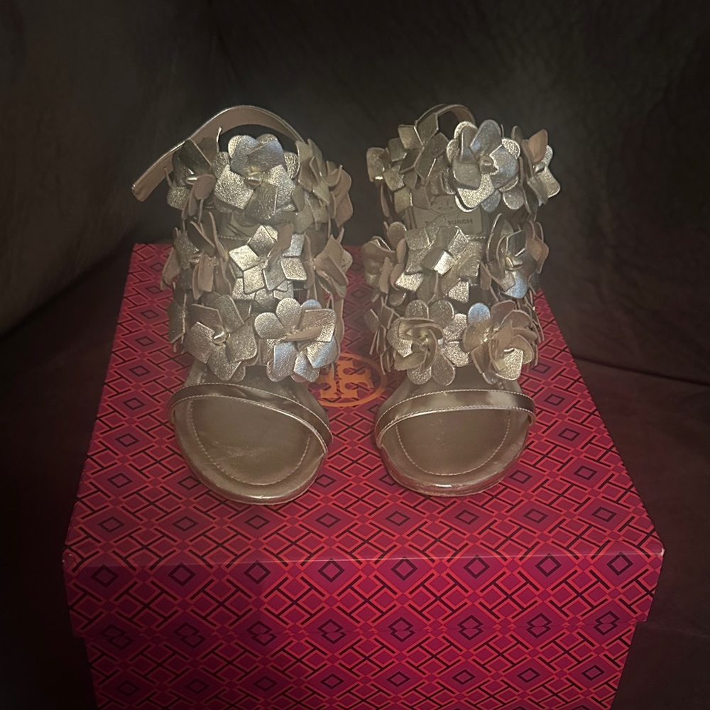 Tory Burch Silver Floral Heels